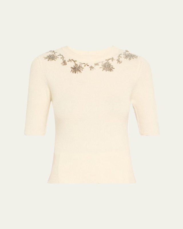 Floral Embroidered Elbow-Sleeve Rib Sweat